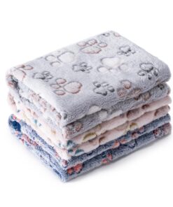 1 Pack 3 Blankets Super Soft Fluffy Premium Fleece Pet Blanket Flannel Paw Printed Throw for Dog Puppy Cat (Small 23x16'', Purple, Pink, Green)