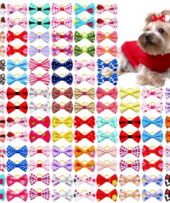 100PCS Cute Puppy Dog Small Bowknot Hair Bows,Yorkie Doggie Bows with Rubber Band Pet Grooming Bows Dog Hair Costume Accessories for Small Dog