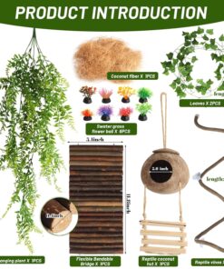 14Pcs Reptile Plants Bridge Vines Leopard Gecko Coconut Hut Crested Gecko Tank Accessories Lizard Coco Den with Ladder for Lizard, Chameleon Cage, Snakes, Hermit Crab