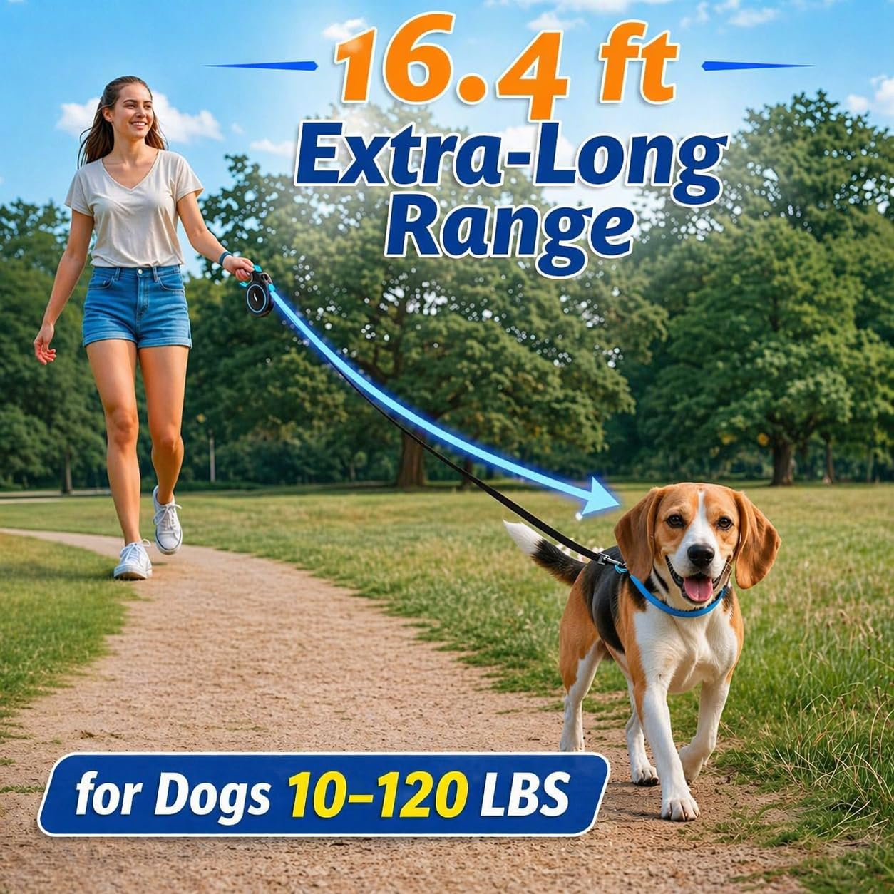 16.4 ft Retractable Dog Leash for Dogs 10–120 lbs - Heavy Duty Tape Leash with Strong Nylon Tape - 360° Swivel Control - One-Click Brake & Lock - Ergonomic Non-Slip Grip for...