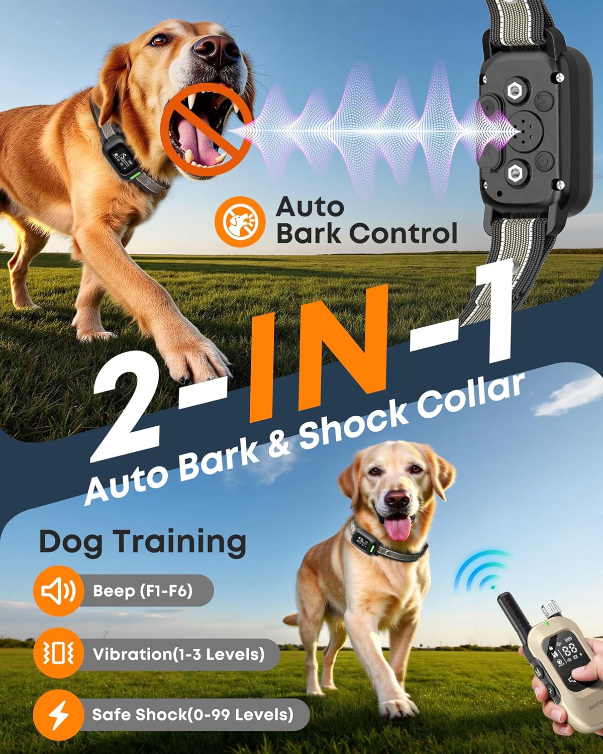 2-in-1 Dog Bark & Shock Collar – 4500FT Dog Training Collar with Remote, 3 Training Modes & LED Light, IPX8 Waterproof E Collars with Anti-Barking for Small Medium Large Dog...