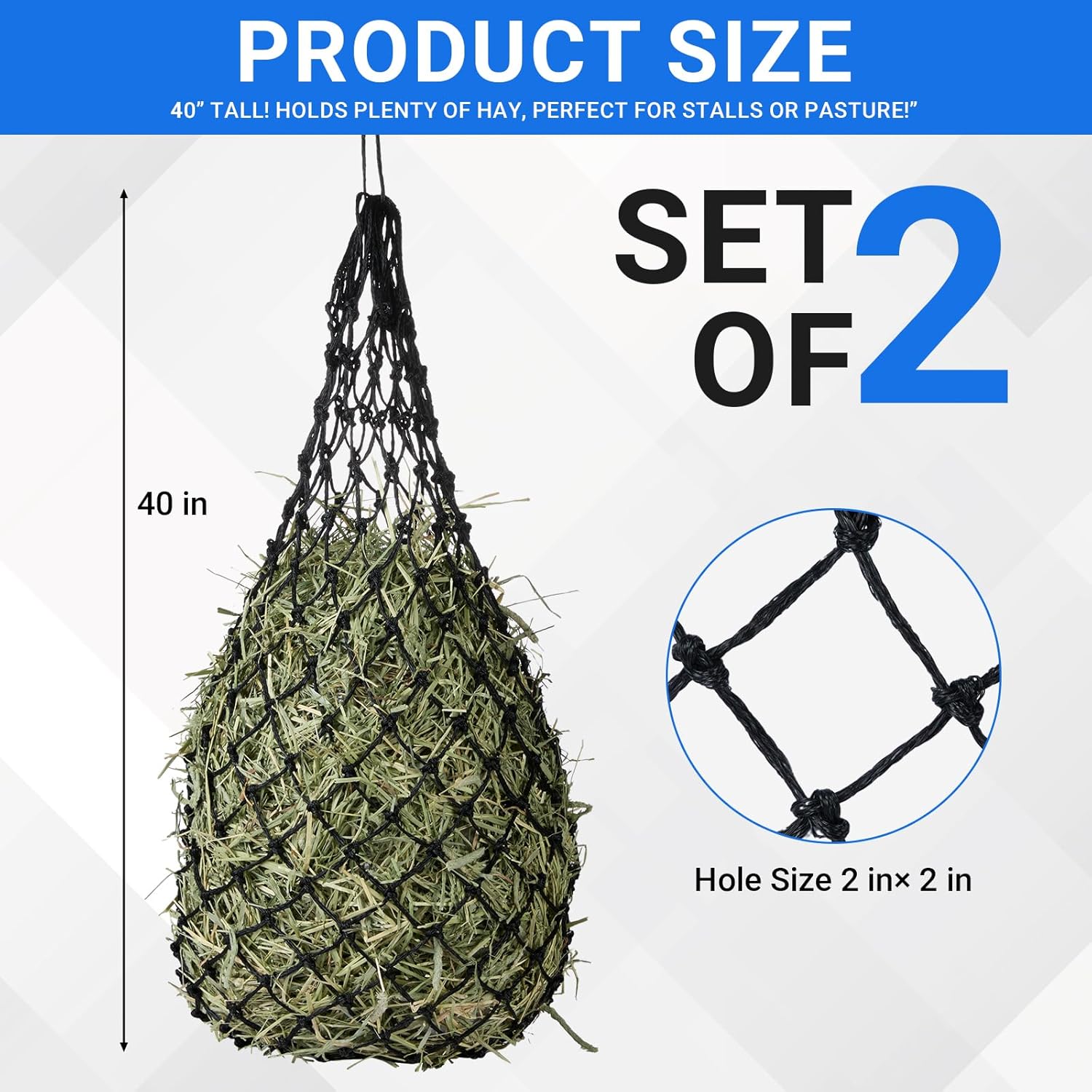 2-Pack Heavy Duty Hay Bags, Slow Feeder for Horses & Goats with 2-Inch Holes, Adjustable Drawstring Hay Net to Reduce Waste & Improve Digestion for Stall, Trailer, Pasture
