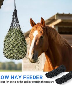 2-Pack Heavy Duty Hay Bags, Slow Feeder for Horses & Goats with 2-Inch Holes, Adjustable Drawstring Hay Net to Reduce Waste & Improve Digestion for Stall, Trailer, Pasture