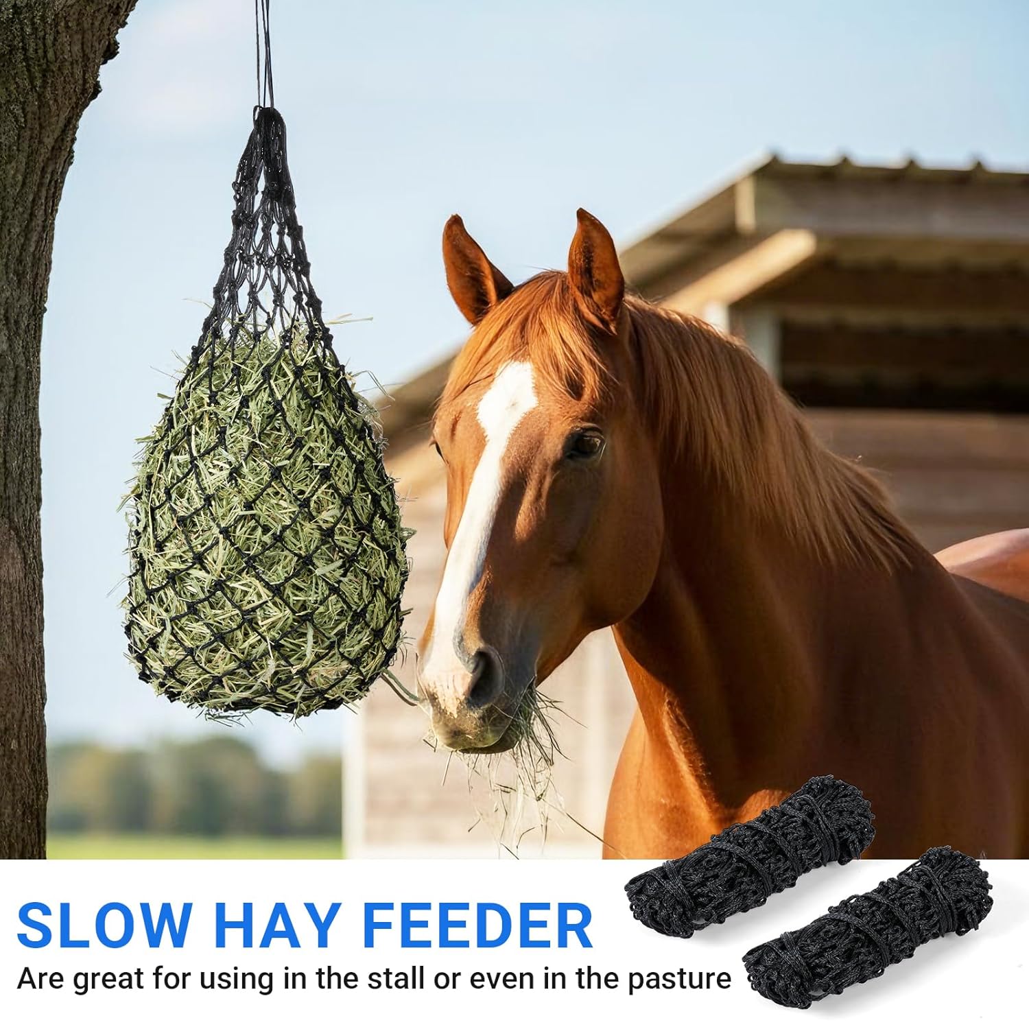 2-Pack Heavy Duty Hay Bags, Slow Feeder for Horses & Goats with 2-Inch Holes, Adjustable Drawstring Hay Net to Reduce Waste & Improve Digestion for Stall, Trailer, Pasture
