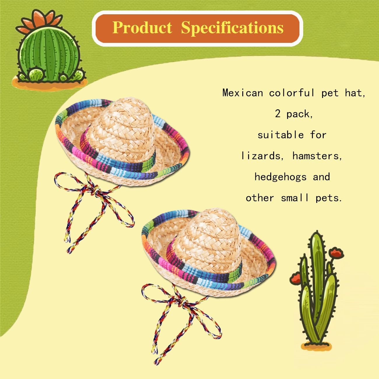 2 Pcs Bearded Dragon Sombrero Hats with Chin Strap, Adjustable Lizard Straw Hat, Mexican Hamster Clothes Small Pet Costume Accessories for Reptile Hamster Leopard Gecko Ferret...