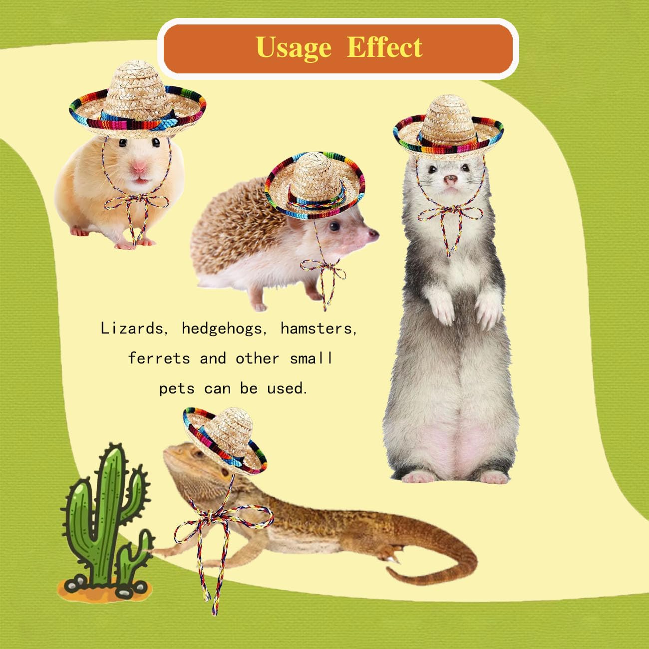 2 Pcs Bearded Dragon Sombrero Hats with Chin Strap, Adjustable Lizard Straw Hat, Mexican Hamster Clothes Small Pet Costume Accessories for Reptile Hamster Leopard Gecko Ferret...