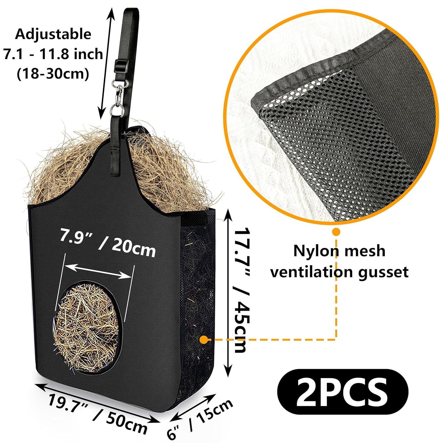 2 Pcs Hay Bag Hanging Goat Feeder Tote Premium Oxford Cloth with Metal Ring and Adjustable Strap for Horses Donkeys Cows Alpacas Ostriches or Other Animals Black