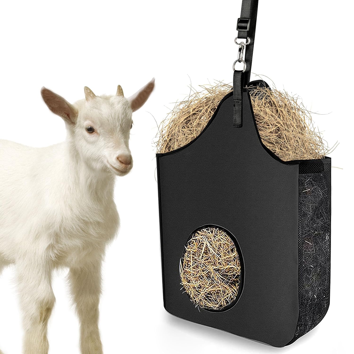 2 Pcs Hay Bag Hanging Goat Feeder Tote Premium Oxford Cloth with Metal Ring and Adjustable Strap for Horses Donkeys Cows Alpacas Ostriches or Other Animals Black