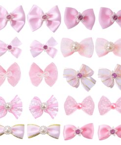 20 PCS Cute Dog Hair Bows with Rubber Bands Elastic Handmade Mix Style Lace Rhinestone Pearls for Furry Puppy Cat Pet Girl, Pink