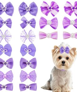 20 PCS Cute Dog Hair Bows with Rubber Bands Elastic Handmade Mix Style Lace Rhinestone Pearls for Furry Puppy Cat Pet Girl, Pink