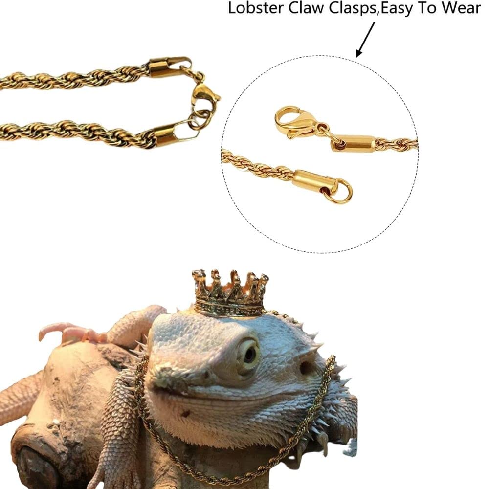 2Pcs Lizard Crown Necklace Set Metal Lizard Outfit Reptile Clothes Accessories Lizard Photo Props for Bearded Dragons Iguana Amphibians and Other Small Animals (Gold)