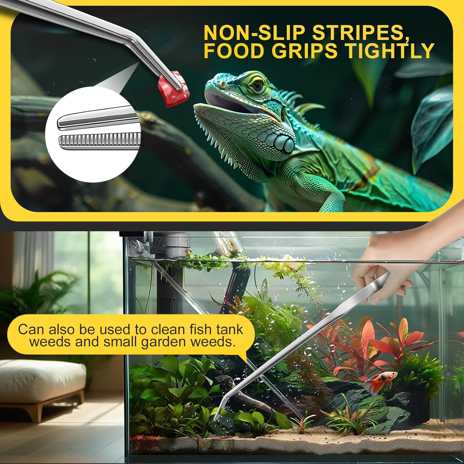 2pcs Reptile Feeding Tongs, Feeding Spoon, Stainless Steel Aquarium Feeding Tools, Curved Long Tweezers 10.6 in, Long Spoon 10 in (Coffee Spoon) for Feeding Lizards, Bearded...