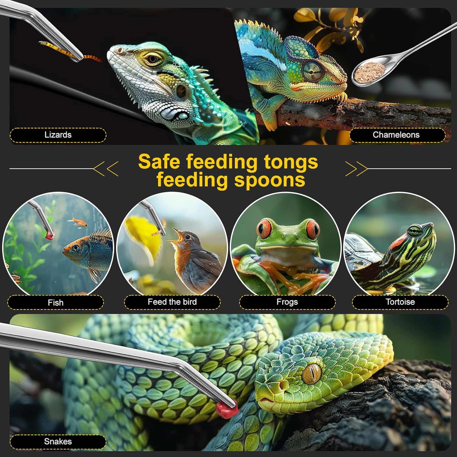 2pcs Reptile Feeding Tongs, Feeding Spoon, Stainless Steel Aquarium Feeding Tools, Curved Long Tweezers 10.6 in, Long Spoon 10 in (Coffee Spoon) for Feeding Lizards, Bearded...