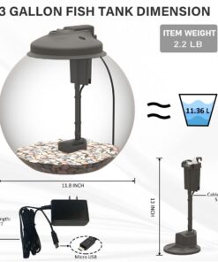 3-Gallon Fish Tank, Aquarium Starter Kit Includes Power Filter, LED Light with 5V Power Supply, and Full Hood, Ideal for Betta and a Variety of Tropical Fish, Impact-Resistant...