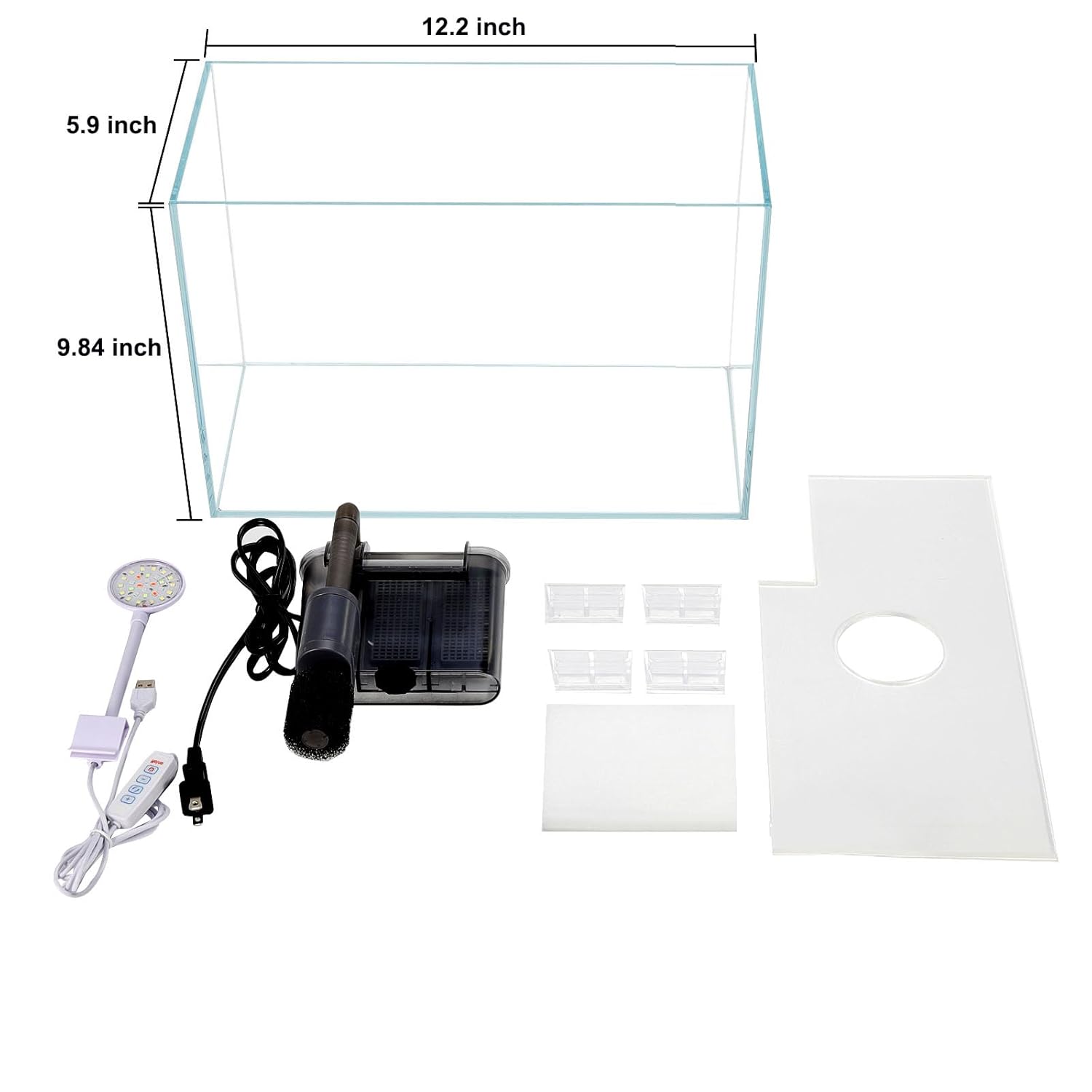 3 Gallon Glass Small Fish Tank, Betta Fish Tank Starter Kit with Filter, Lights,Lid.