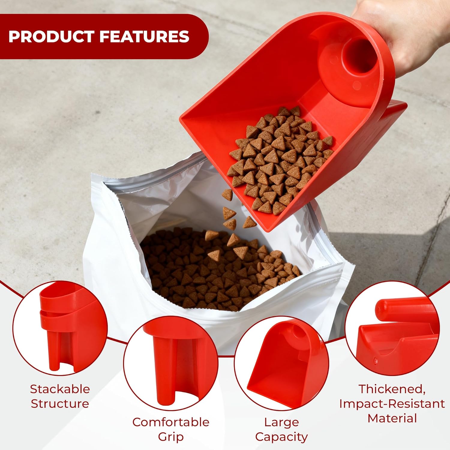 3 Quart Enclosed Feed Scoop Livestock – 2 Pack Stackable Pet Food Red Scoops, Durable Super Heavy-Duty Plastic Grain Scooper for Dog, Cat Litter, Flour, Rice, Chicken, Garden...