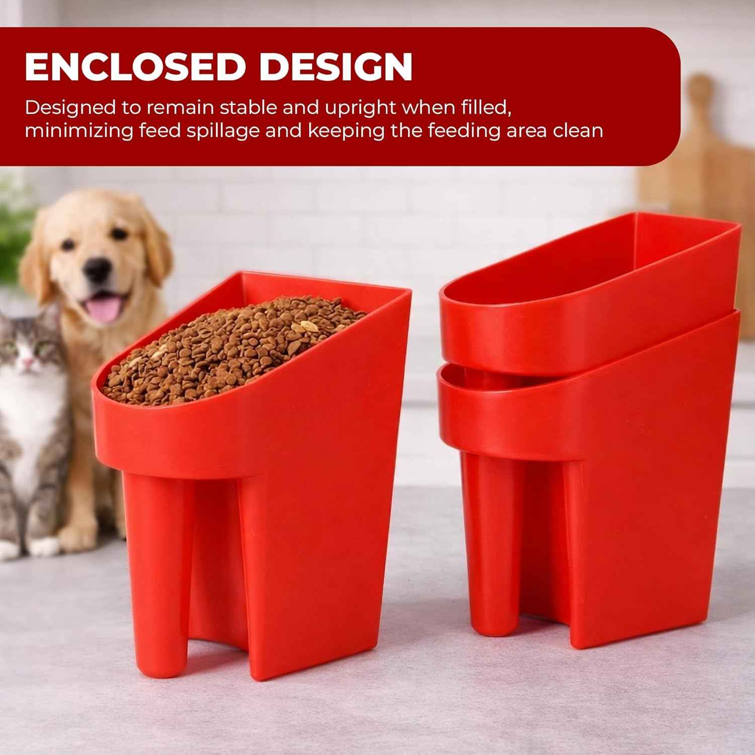 3 Quart Enclosed Feed Scoop Livestock – 2 Pack Stackable Pet Food Red Scoops, Durable Super Heavy-Duty Plastic Grain Scooper for Dog, Cat Litter, Flour, Rice, Chicken, Garden...