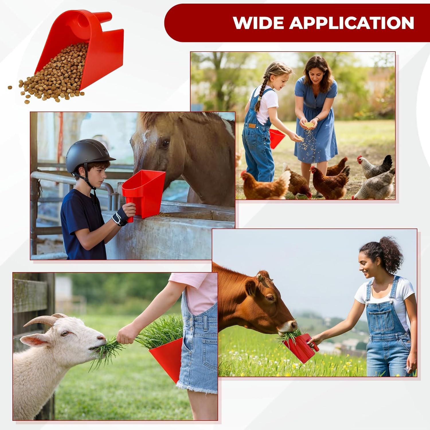 3 Quart Enclosed Feed Scoop Livestock – 2 Pack Stackable Pet Food Red Scoops, Durable Super Heavy-Duty Plastic Grain Scooper for Dog, Cat Litter, Flour, Rice, Chicken, Garden...