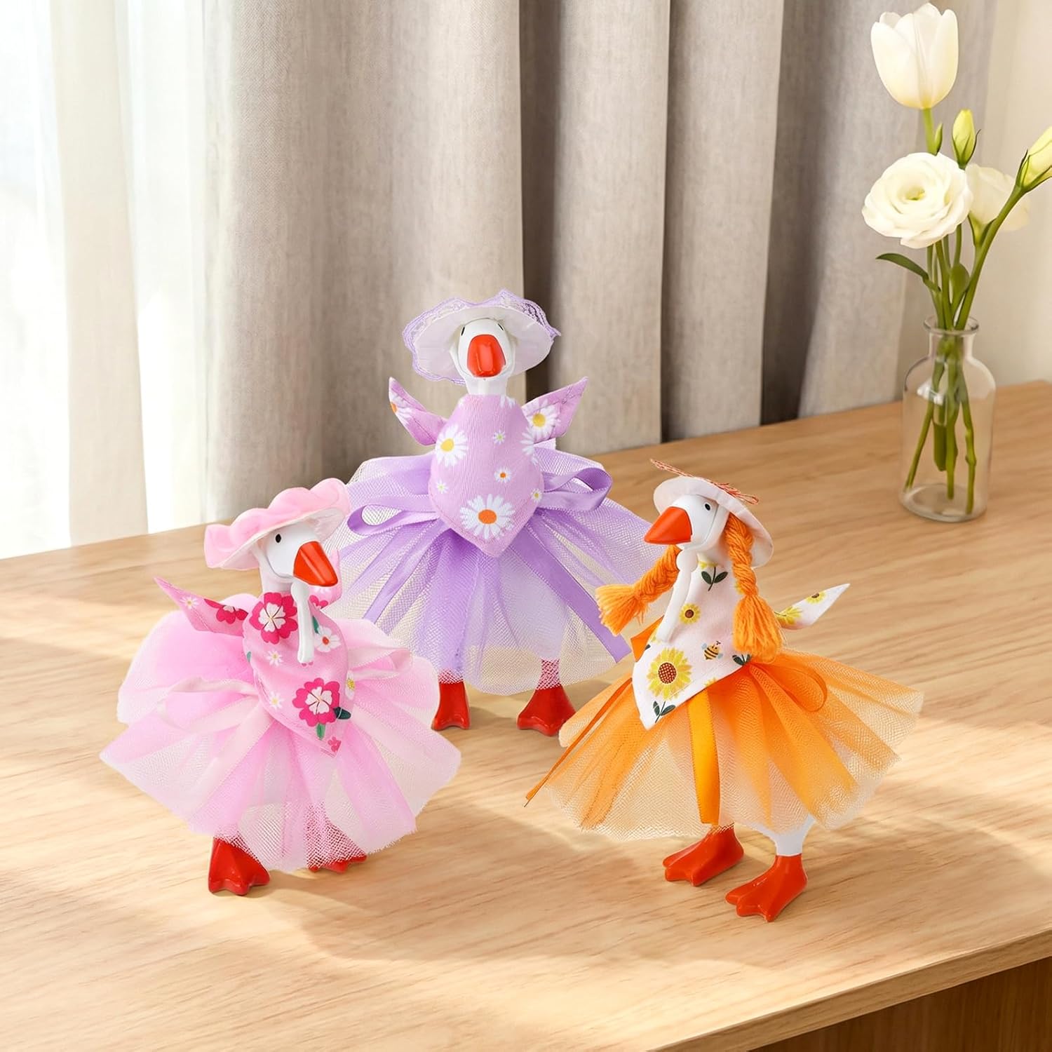 3 Sets Spring Summer Floral Desk Goose Costume Outfits with Mini Bonnet Mesh Skirt Floral Bandana for 7 Inch Desk Goose