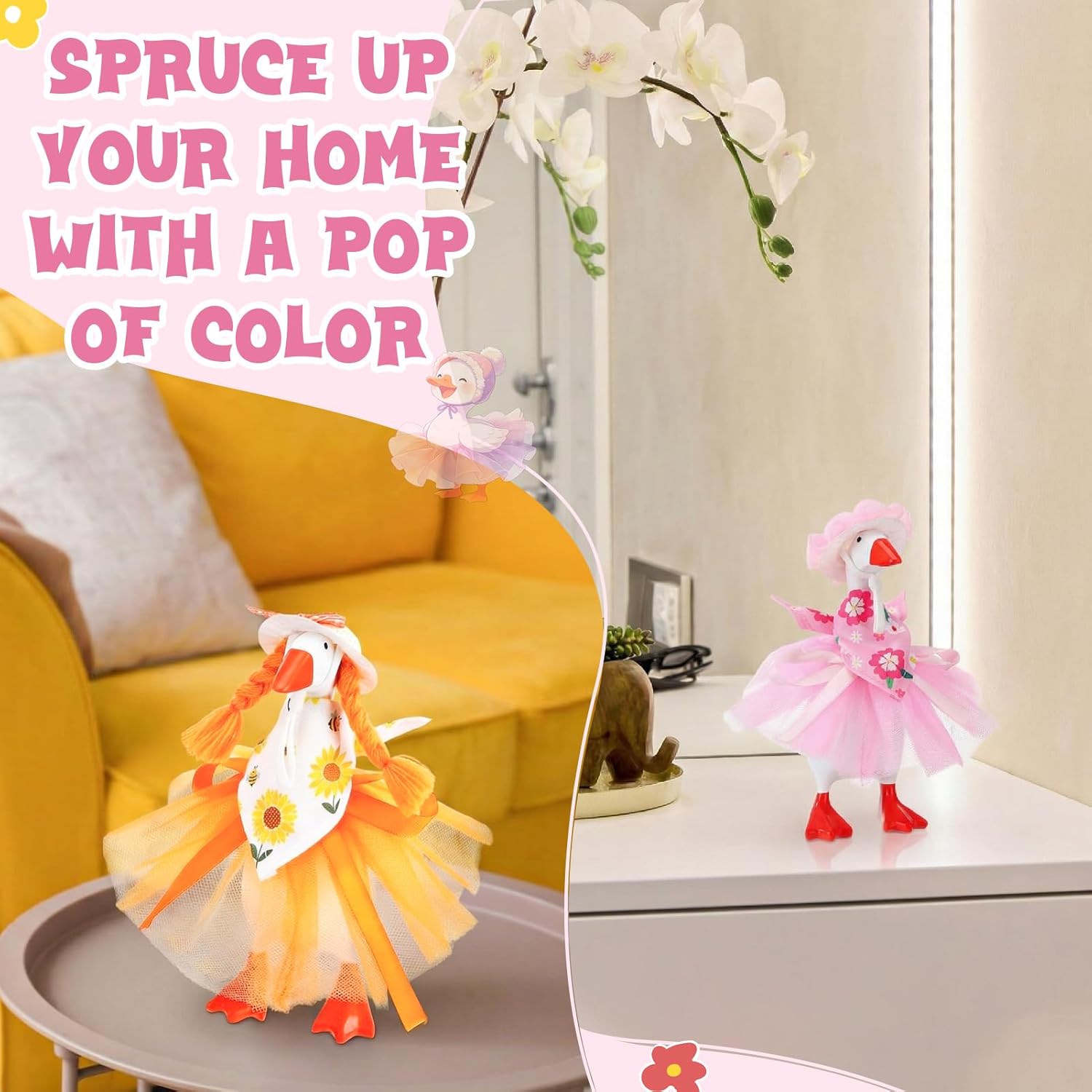 3 Sets Spring Summer Floral Desk Goose Costume Outfits with Mini Bonnet Mesh Skirt Floral Bandana for 7 Inch Desk Goose