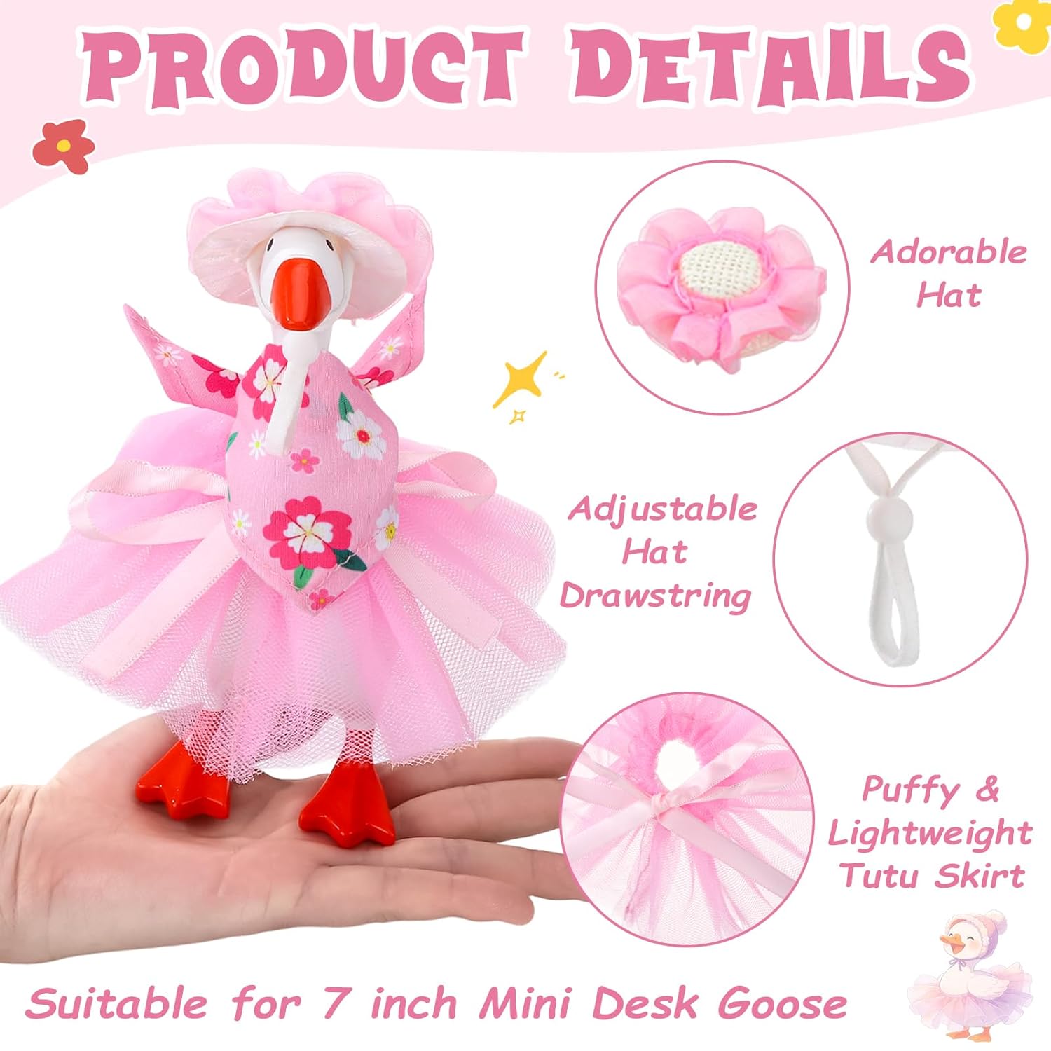3 Sets Spring Summer Floral Desk Goose Costume Outfits with Mini Bonnet Mesh Skirt Floral Bandana for 7 Inch Desk Goose