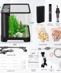 3.5 Gallon Betta Fish Tank, All in One Aquarium Starter Kits with Back Filter, Adjustable Pump, 25W Heater, Thermometer Strip, LED Light with Timer & Water Changer Kit, Nano...