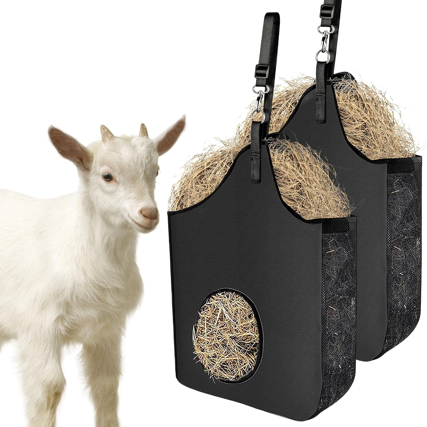 4 Pcs Hay Bag Hanging Goat Feeder Tote Premium Oxford Cloth with Metal Ring and Adjustable Strap for Horses Donkeys Cows Alpacas Ostriches or Other Animals Black