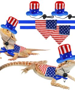 4Pcs Independence Day Bearded Dragon Costume Set - Uncle Sam & American Flag Hats for Bearded Dragons & Lizards