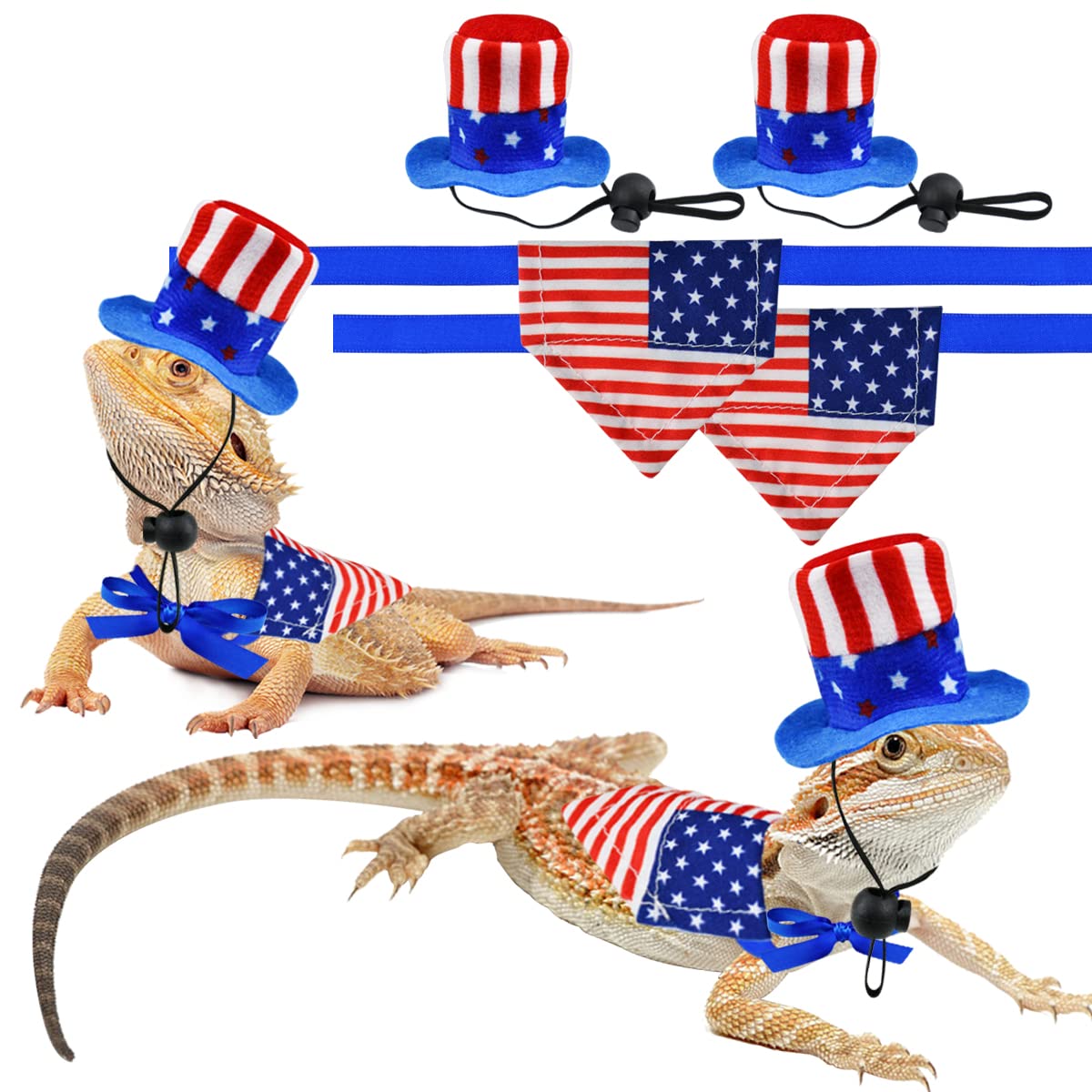 4Pcs Independence Day Bearded Dragon Costume Set - Uncle Sam & American Flag Hats for Bearded Dragons & Lizards