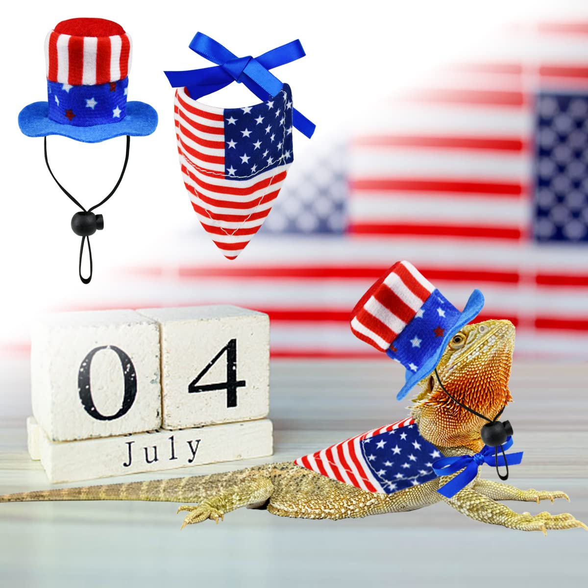 4Pcs Independence Day Bearded Dragon Costume Set - Uncle Sam & American Flag Hats for Bearded Dragons & Lizards