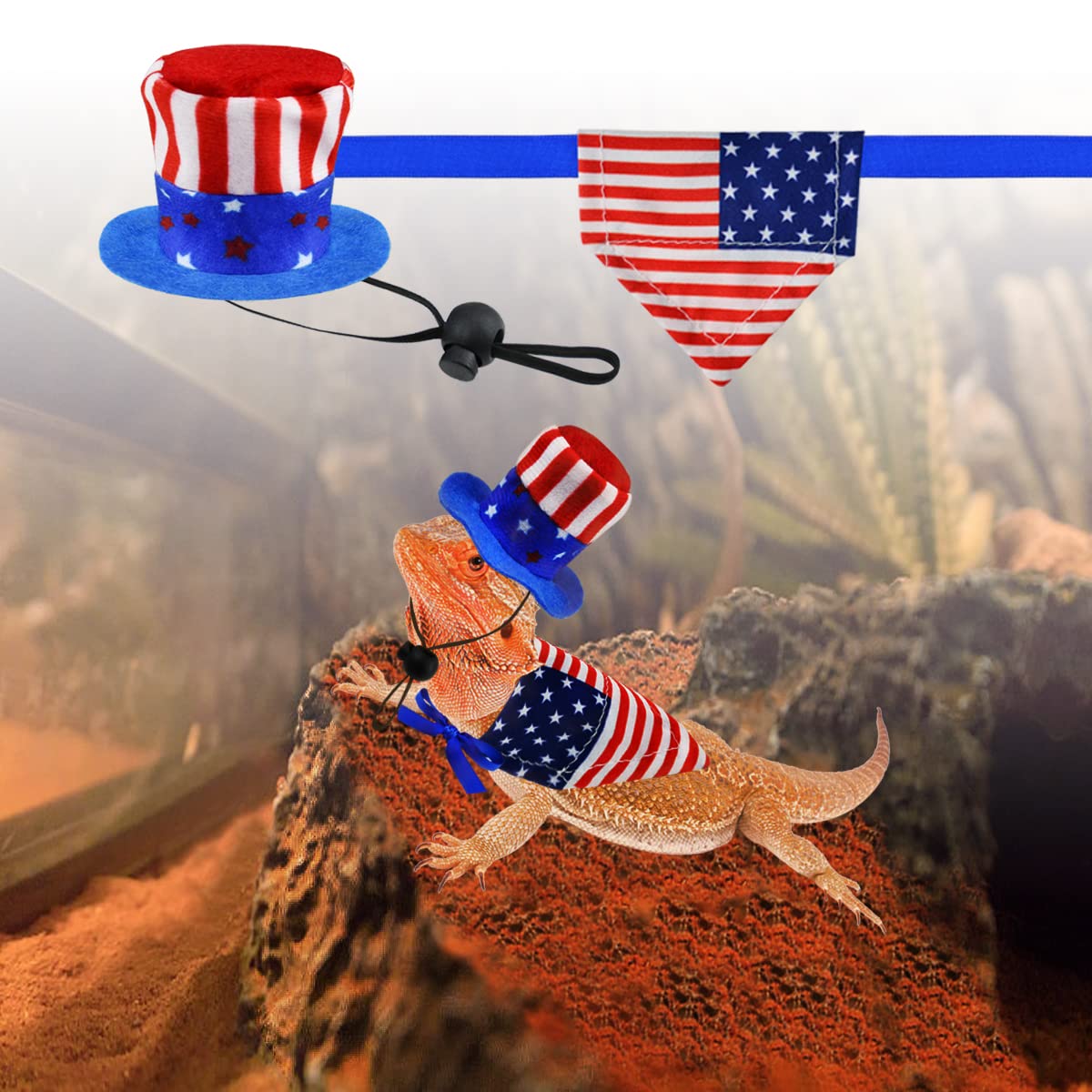 4Pcs Independence Day Bearded Dragon Costume Set - Uncle Sam & American Flag Hats for Bearded Dragons & Lizards
