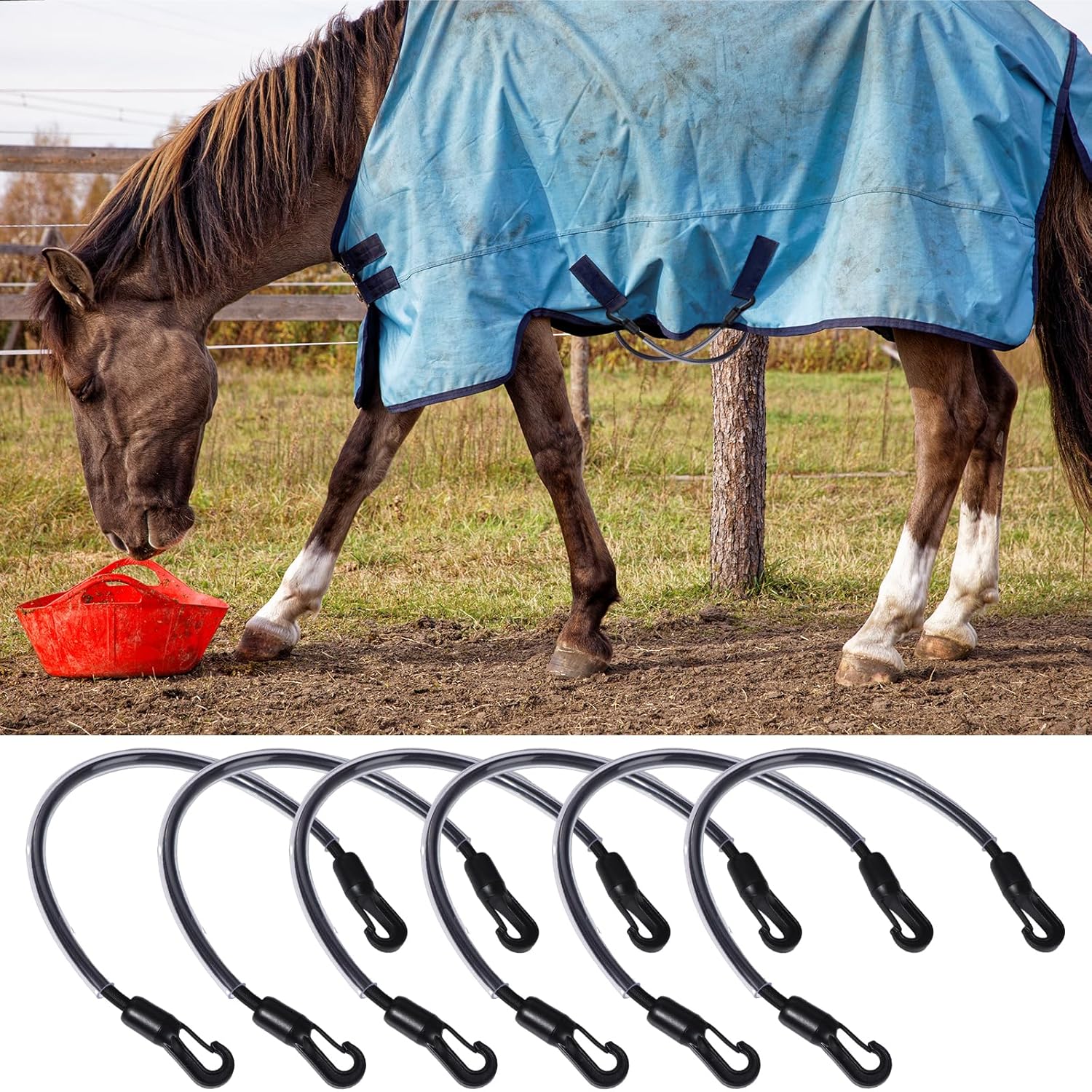 6 Packs Horse Blanket Leg Straps Elastic Horse Blanket Straps Replacement with Ended Clips, Adjustable Length 20 to 30 Inches Stretchy Leg Straps
