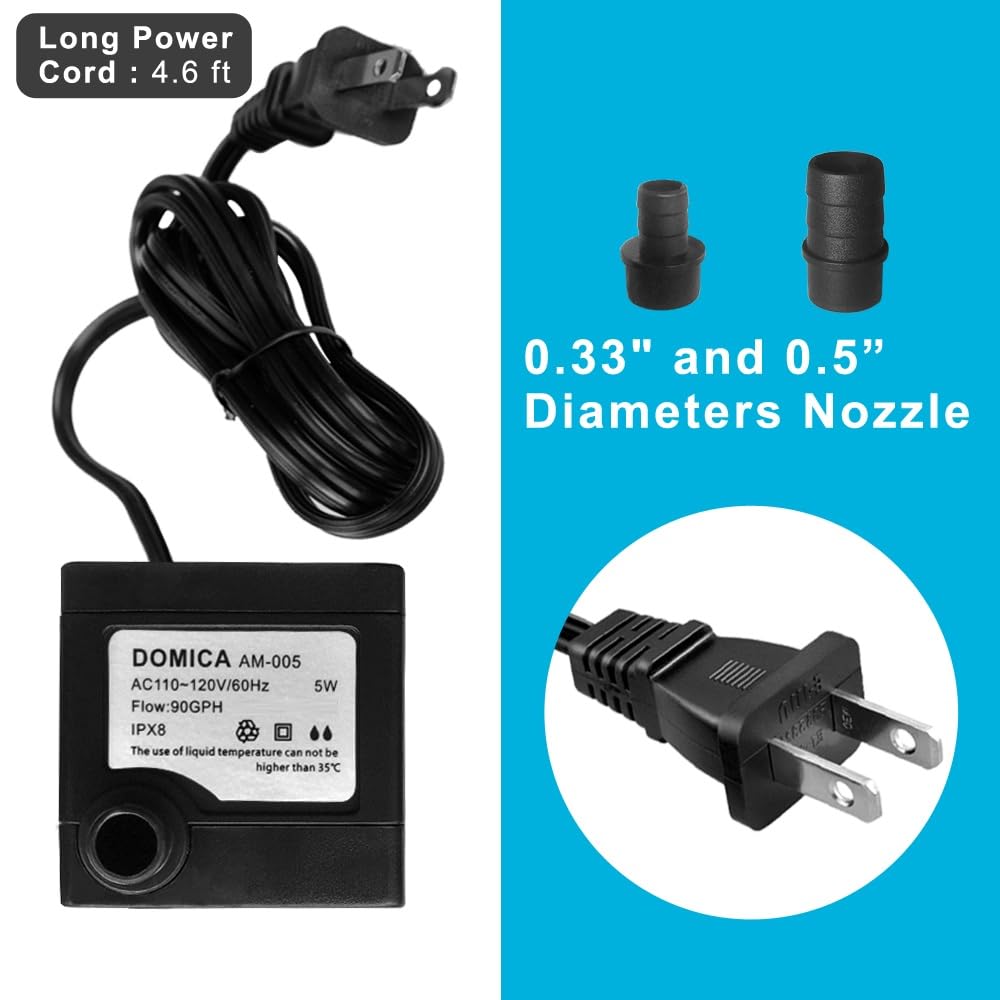 90 GPH Mini Submersible Pump, Small Fountain Pump (5W 350L/H) for water feature, Aquariums, Fish Tank, Tabletop Fountain, Pet Fountain, Indoor or Outdoor Pond Fountain (AC Powered)