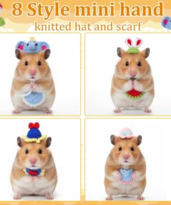 Abbylike 16 Pcs Hamster Hats Mini Bibs Includes 8 Mini Small Animals Hat with Adjustable Strap 8 Pet Bibs Hand Knitted Guinea Pig Hamster Clothes for Lizards Bearded Holiday...
