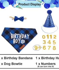ADOGGYGO Dog Birthday Party Supplies, Multi Size Offered, Blue Dog Birthday Hat Bandana Numbers Bow Set for Large X-Large Dogs Pets (X-Large)