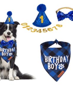 ADOGGYGO Dog Birthday Party Supplies, Multi Size Offered, Blue Dog Birthday Hat Bandana Numbers Bow Set for Large X-Large Dogs Pets (X-Large)
