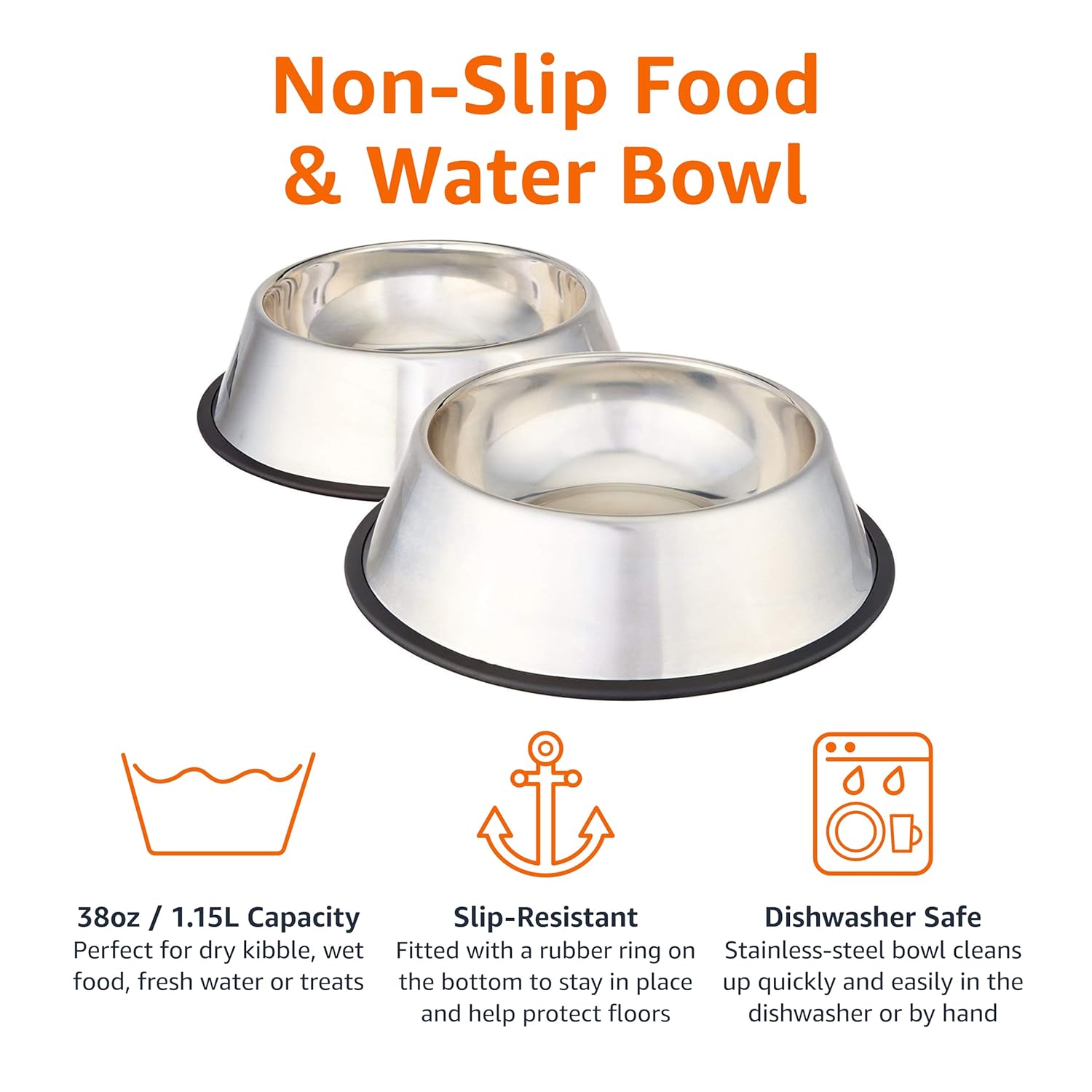 Amazon Basics Stainless Steel Non-Skid Dog Water And Food Bowls, Dishwasher Safe, Rust Resistant, 38oz Capacity, 10 x 2.8 Inches, 2-Pack