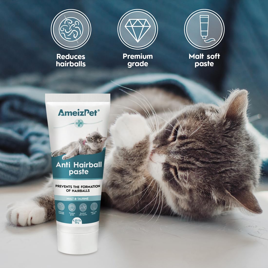 AmeizPet Hairball Remedy for Cats, Anti-Hairball Malt Paste for Pet Fur, Treatment for Long & Short Fur Cats, 4.23 Oz (120g)