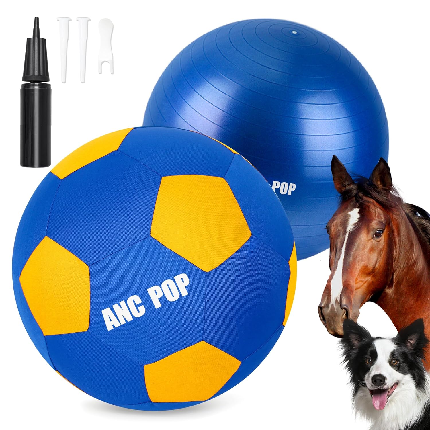 ANC POP Herding Ball for Dogs & Horses - 20" Ball with Hand Pump - Blue & Red