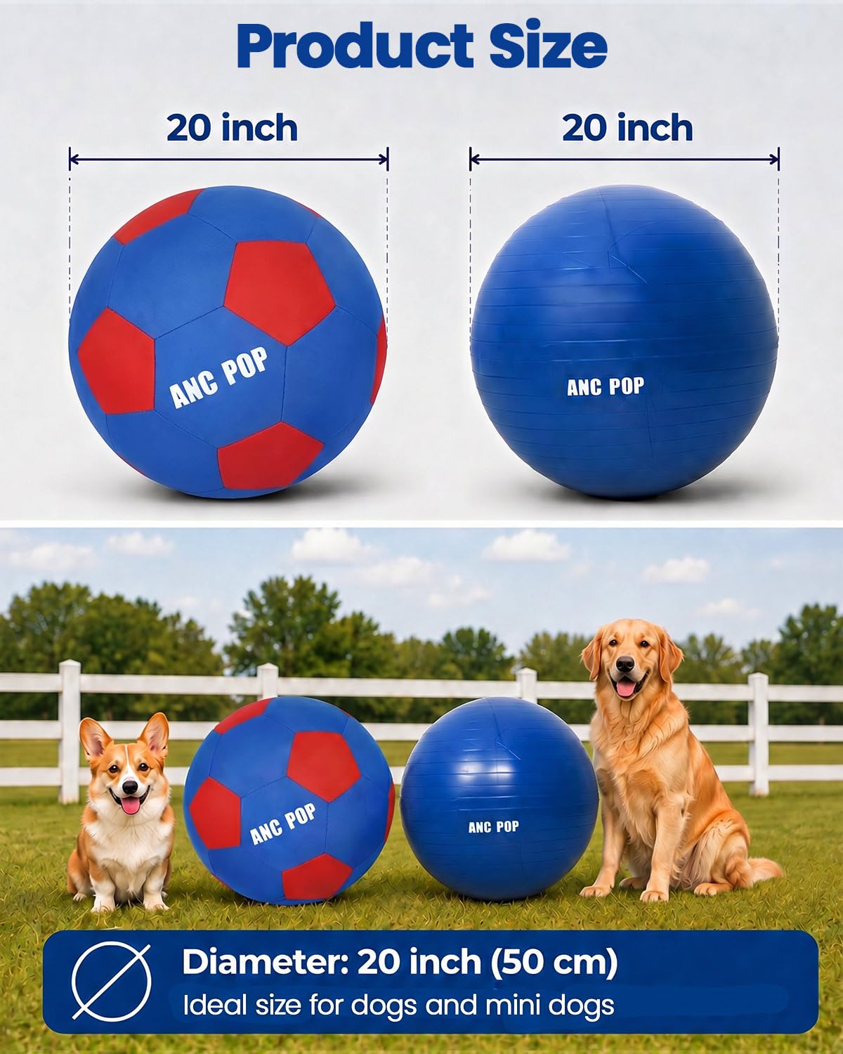 ANC POP Herding Ball for Dogs & Horses - 20" Ball with Hand Pump - Blue & Red