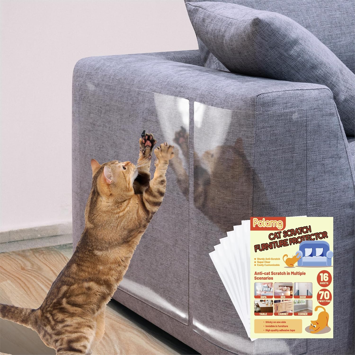 Anti-Cat Scratch Furniture Protector-12-Pack –Single-Sided, Heavy-Duty Self-Adhesive Tape, No-Residue for Couch, Doors & Walls - with 52 Twist Pins