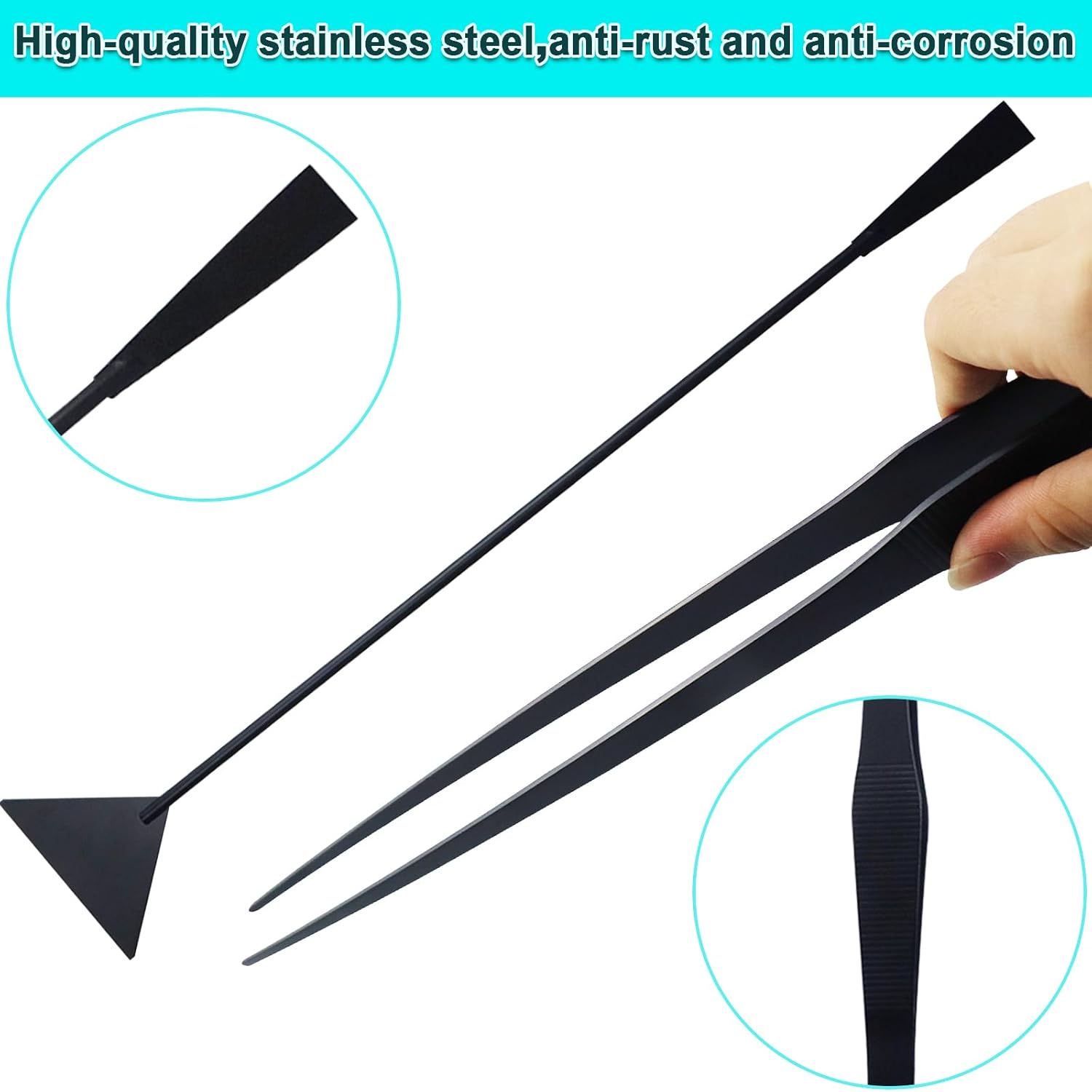 Aquarium Aquascape Tools Kit, Long 15 Inch Stainless Steel Aquatic Plants Tools, 4 in 1 Anti-Rust Black Aquascaping Tweezers Scissors Spatula Scrapers Tool Set for Fish Tank...