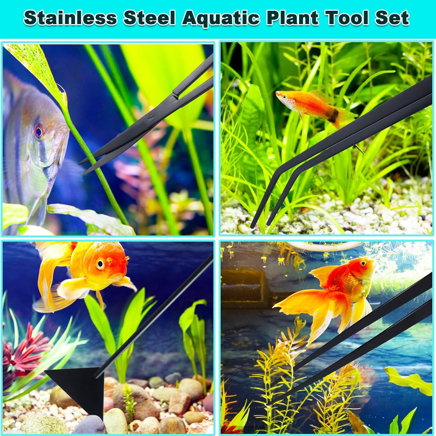 Aquarium Aquascape Tools Kit, Long 15 Inch Stainless Steel Aquatic Plants Tools, 4 in 1 Anti-Rust Black Aquascaping Tweezers Scissors Spatula Scrapers Tool Set for Fish Tank...