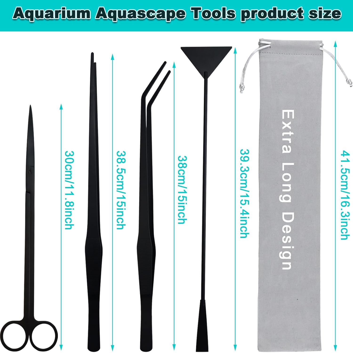 Aquarium Aquascape Tools Kit, Long 15 Inch Stainless Steel Aquatic Plants Tools, 4 in 1 Anti-Rust Black Aquascaping Tweezers Scissors Spatula Scrapers Tool Set for Fish Tank...
