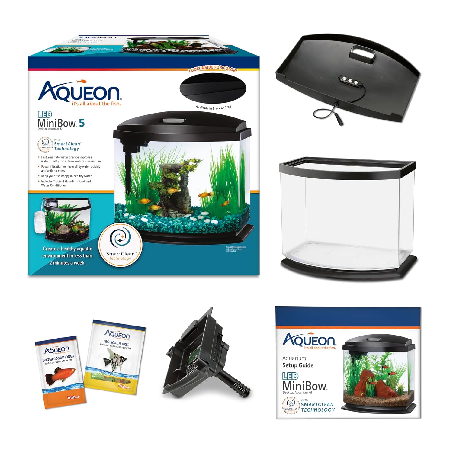Aqueon LED MiniBow Small Aquarium Fish Tank Kit with SmartClean Technology, Black, 5 Gallon