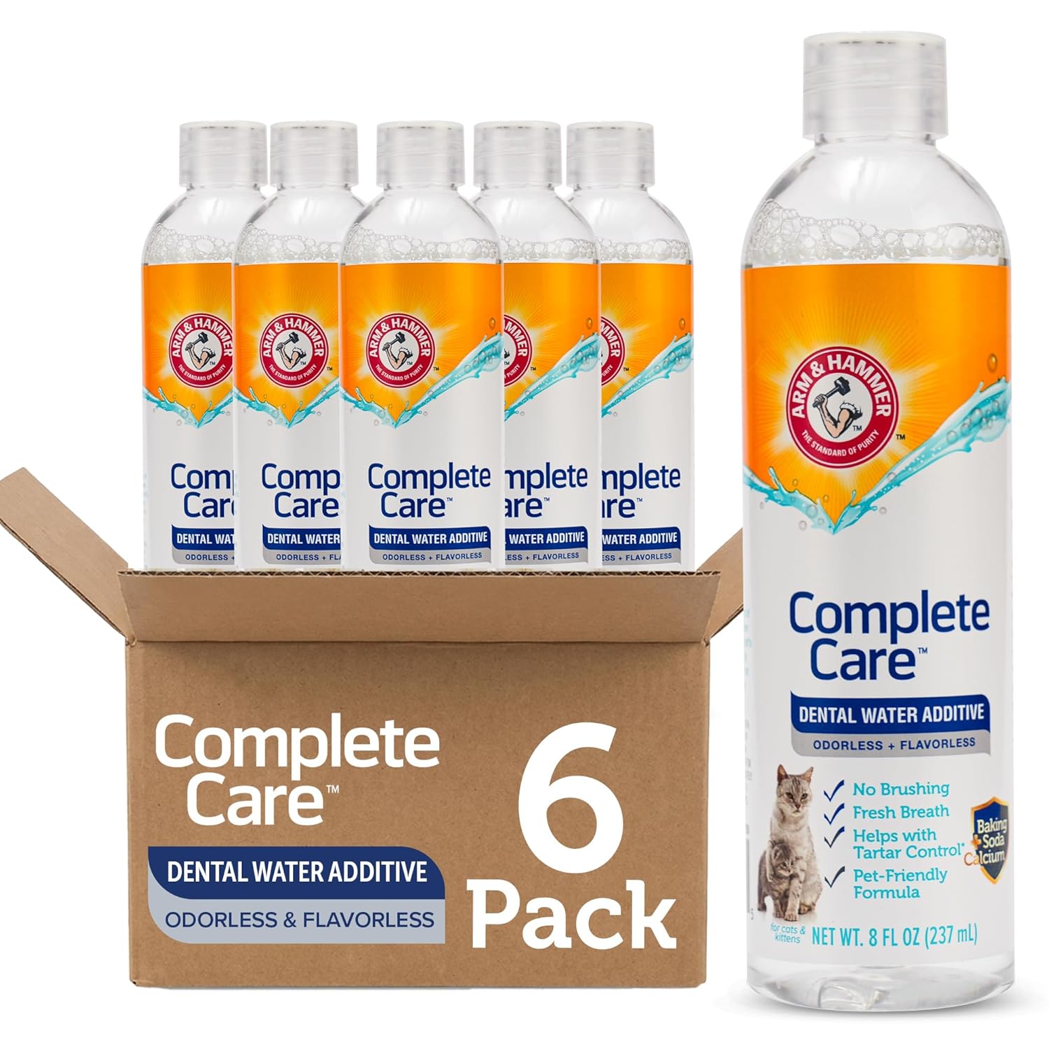 Arm & Hammer Complete Care Dental Water Additive for Cats, Cat Breath Freshener and Tartar Control, No Brushing Required, Odorless and Flavorless Cat Formula, 8 Fl Oz - 2 Pack