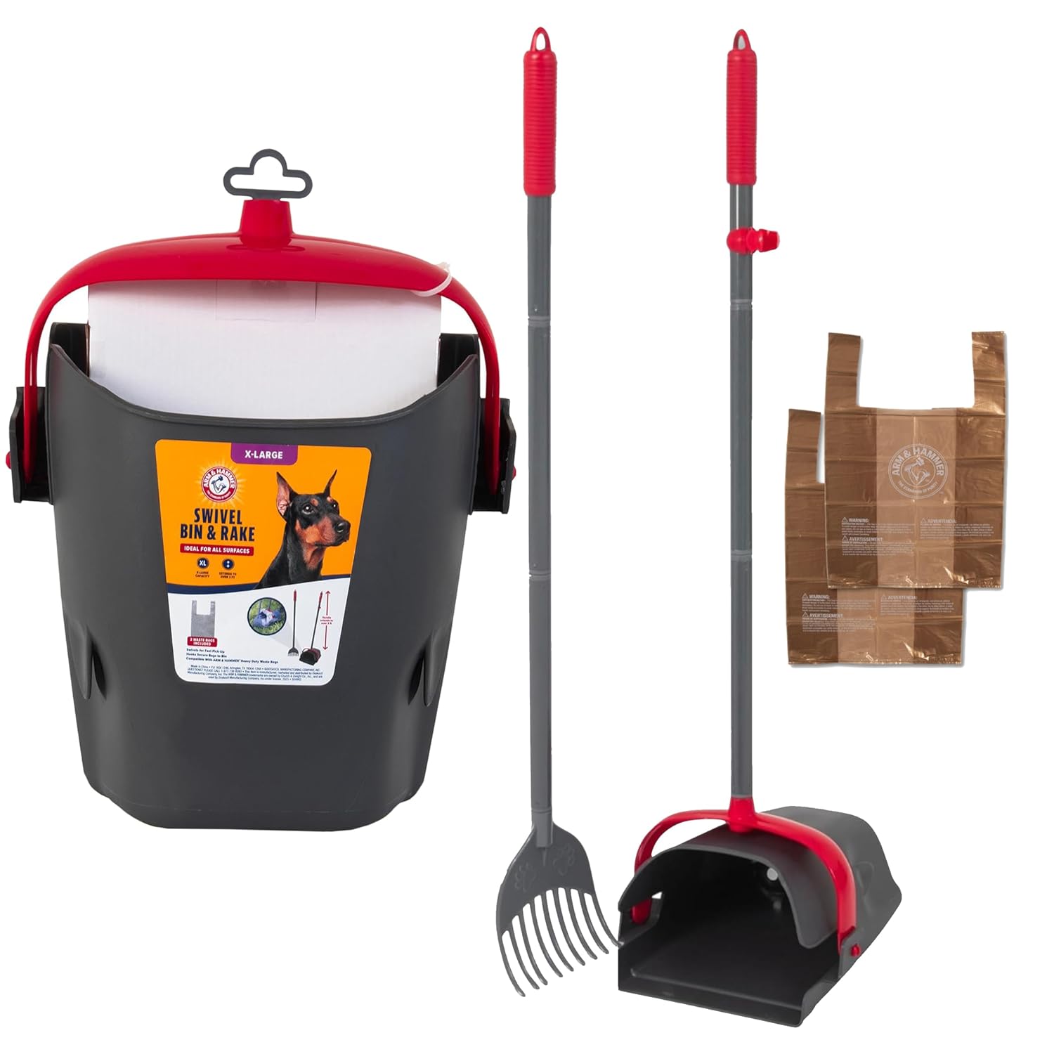 Arm & Hammer Dog Pooper Scooper Swivel Bin & Rake, Poop Scoop for Dogs, Black (2 Heavy Duty Scented Waste Bags Included)