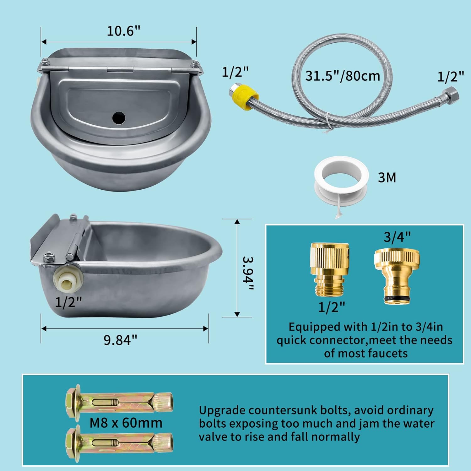 Automatic Animal Drinking Water Bowl, 304 Stainless Steel Waterer for Dog Horse Goat Pig Cow, Livestock Water Trough Dispenser with Pipe Hose, 2 Float Valves, Quick Connecter,...