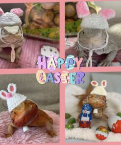 Bearded Dragon Bunny Hat for Easter - Hand Knitted Small Animal Bunny Ears Cap with Adjustable Strap Halloween Costume Outfit Clothes Accessories for Rat Hamster Hedgehog Snake...