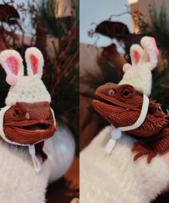 Bearded Dragon Bunny Hat for Easter - Hand Knitted Small Animal Bunny Ears Cap with Adjustable Strap Halloween Costume Outfit Clothes Accessories for Rat Hamster Hedgehog Snake...